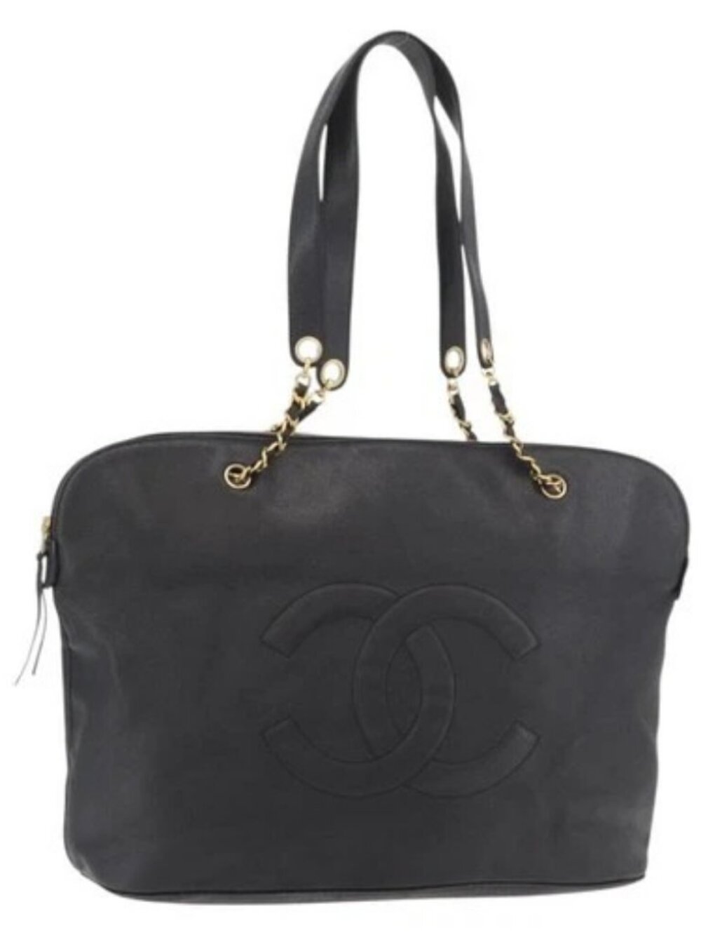 CHANEL COCO Mark Chain Tote Bag Grained Calf Skin Black CC Auth MY307